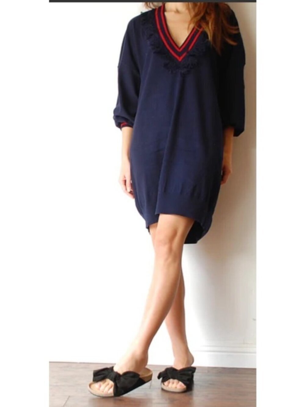 ULLA JOHNSON Women’s Navy Blue V-Neck Ainsley Sweater Dress Size Medium